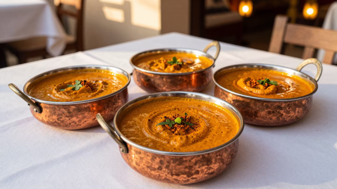 Spiced Indian Curry in Copper Bowls Alicante in on a linen-covered restaurant table in Alicante