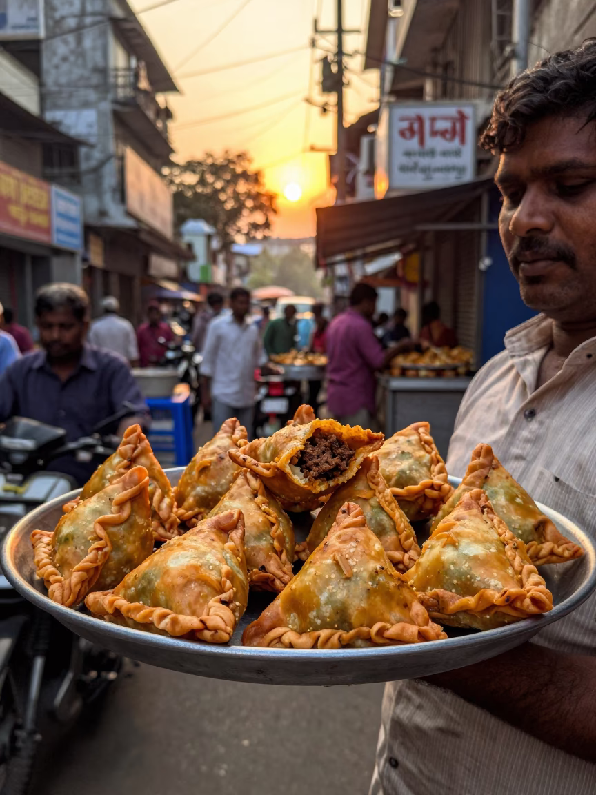 Spiced Meat Sambusas in Kolkata at Golden Hour in in Kolkata, India