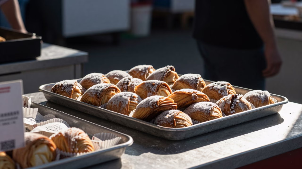 Spiced Pastries on Gold Coast Market Counter in at a fish market counter near Gold Coast