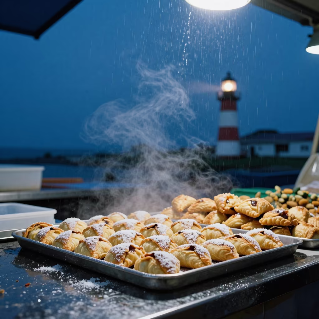 Spiced Pastries Night Market Lighthouse Light in at a fish market counter near Libertad