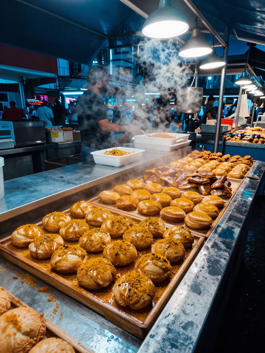 Spiced Pastries on Wet Market Tray in Kuala Lumpur in at a fish market counter near Chow Kit, Kuala Lumpur