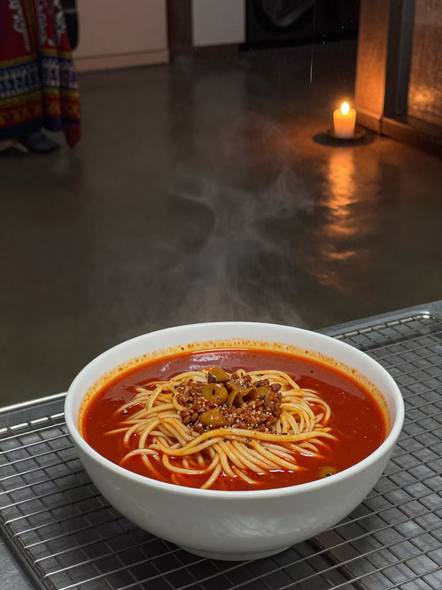 Spicy Bibim Guksu on Bakery Rack at Night in on a bakery cooling rack in Port Harcourt