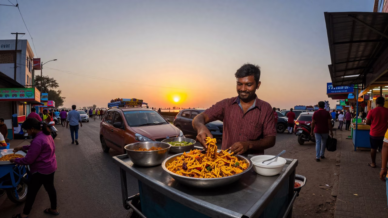 Spicy Chaat in Chennai at As The Sun Drops Toward The Horizon in in Chennai, India