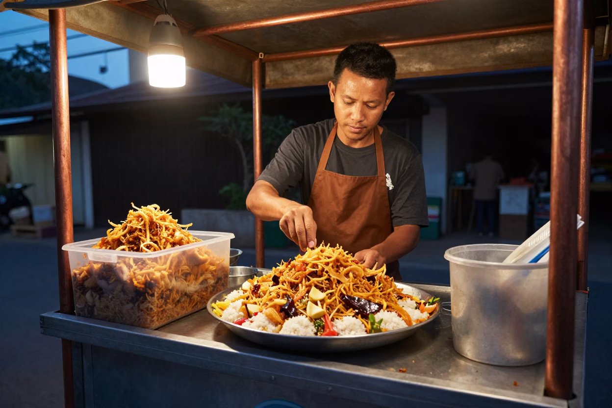 Spicy Koshari in Chiang Mai at Copper-toned Light Before Dusk in in Chiang Mai, Thailand