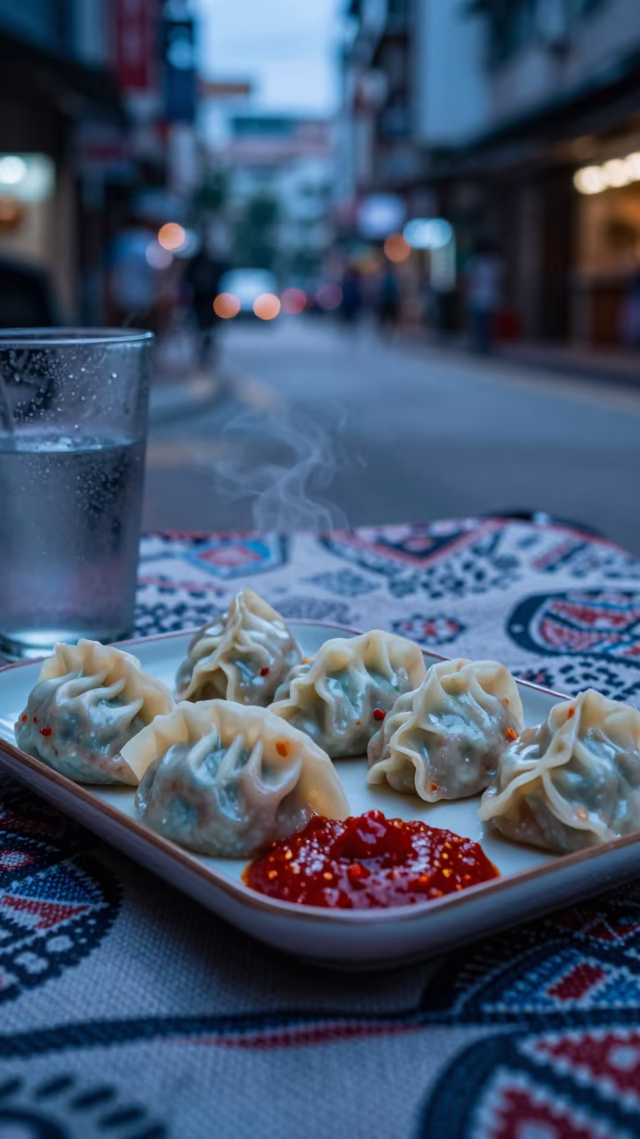 Spicy Momos and Chutney on Picnic Blanket Hong Kong in on a picnic blanket in Causeway Bay, Hong Kong