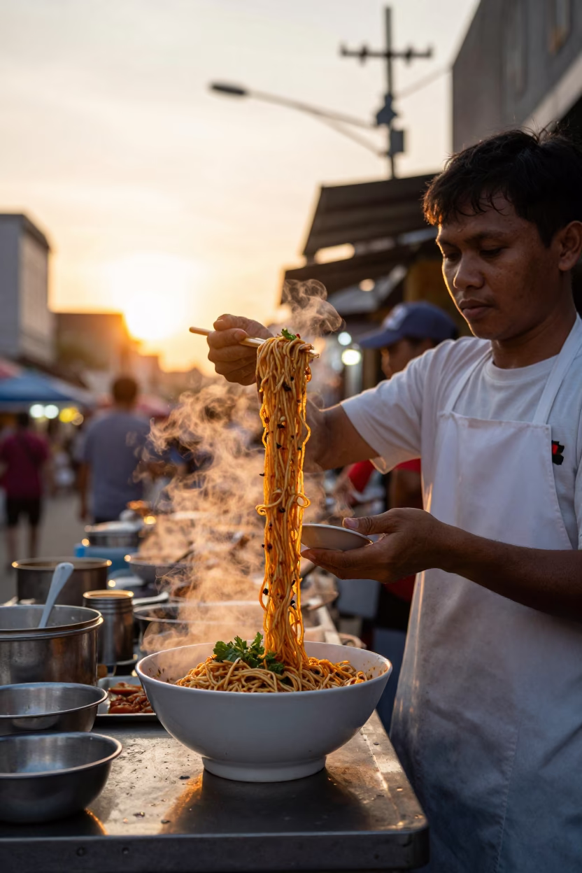 Spicy Noodles in Surabaya at Golden Hour in in Surabaya, Indonesia