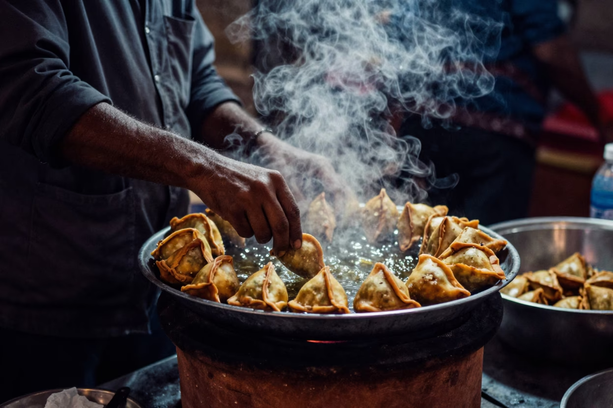 Spicy Sambusa in Jaipur at The Predawn Darkness Light in in Jaipur, India
