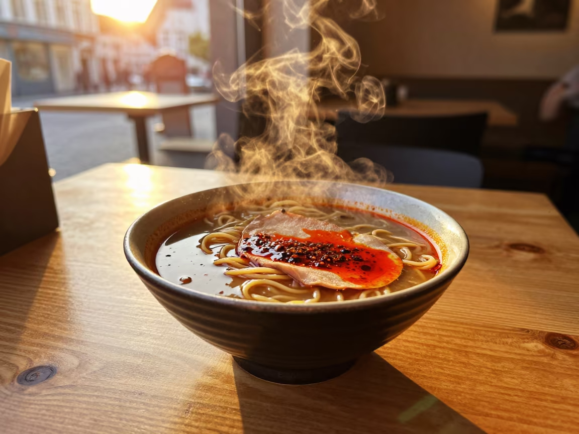Spicy Tantanmen Ramen Bowl Bruges in on a restaurant table in Groenerei, Bruges