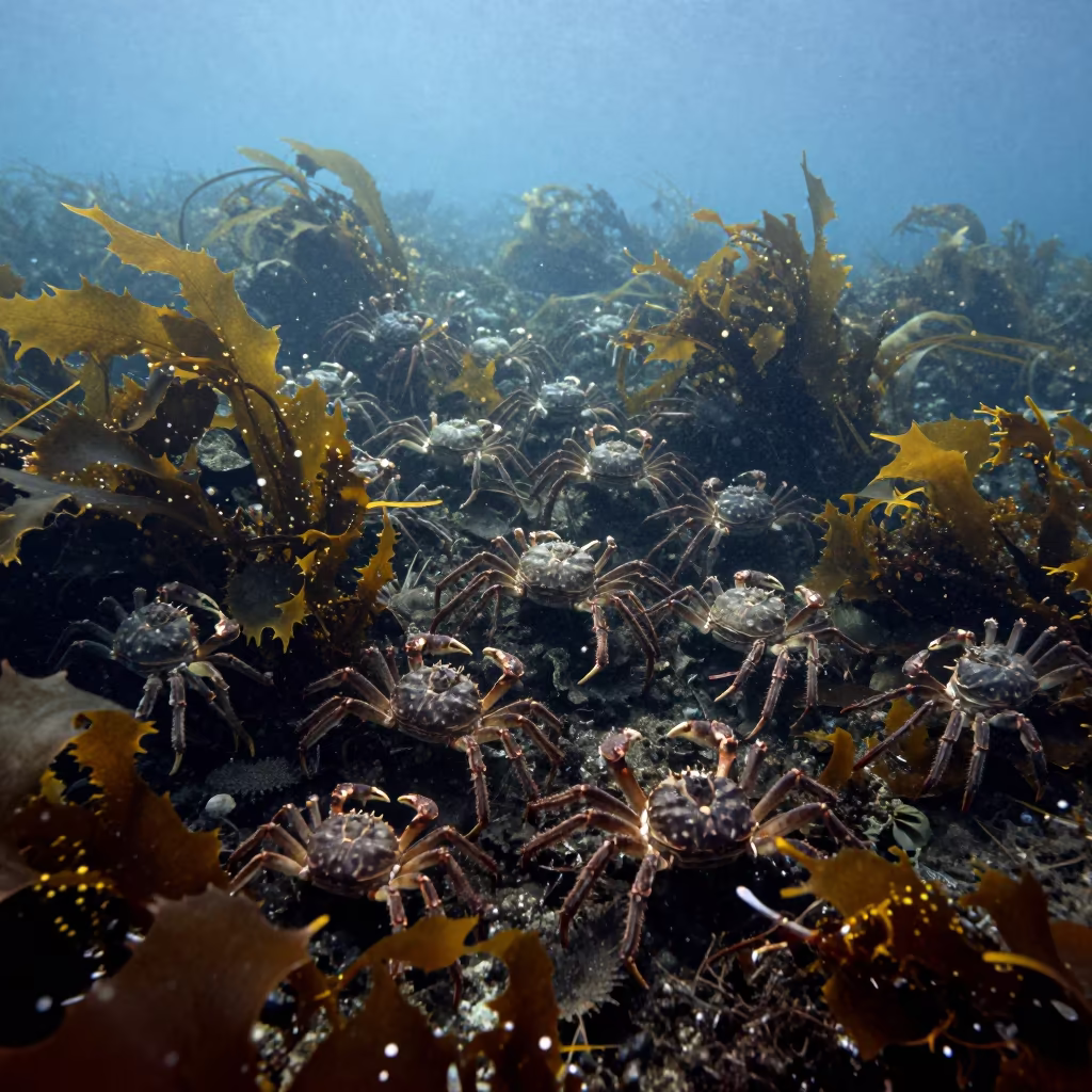 Spider Crab Column Migrating on Hokkaido Sea Floor in along a kelp-fringed shelf in Hokkaido