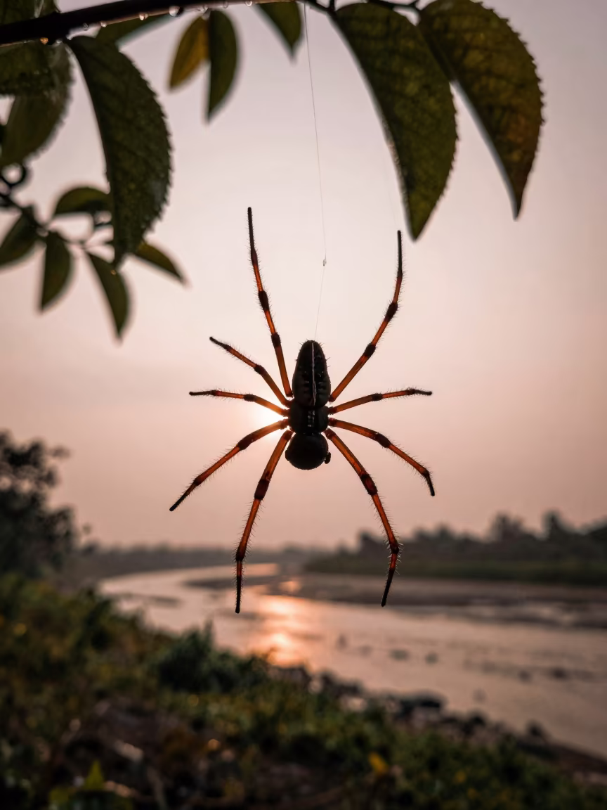 Silk Spinneret Silhouette in Mizoram Dusk Light in beside a tidal inlet in Mizoram