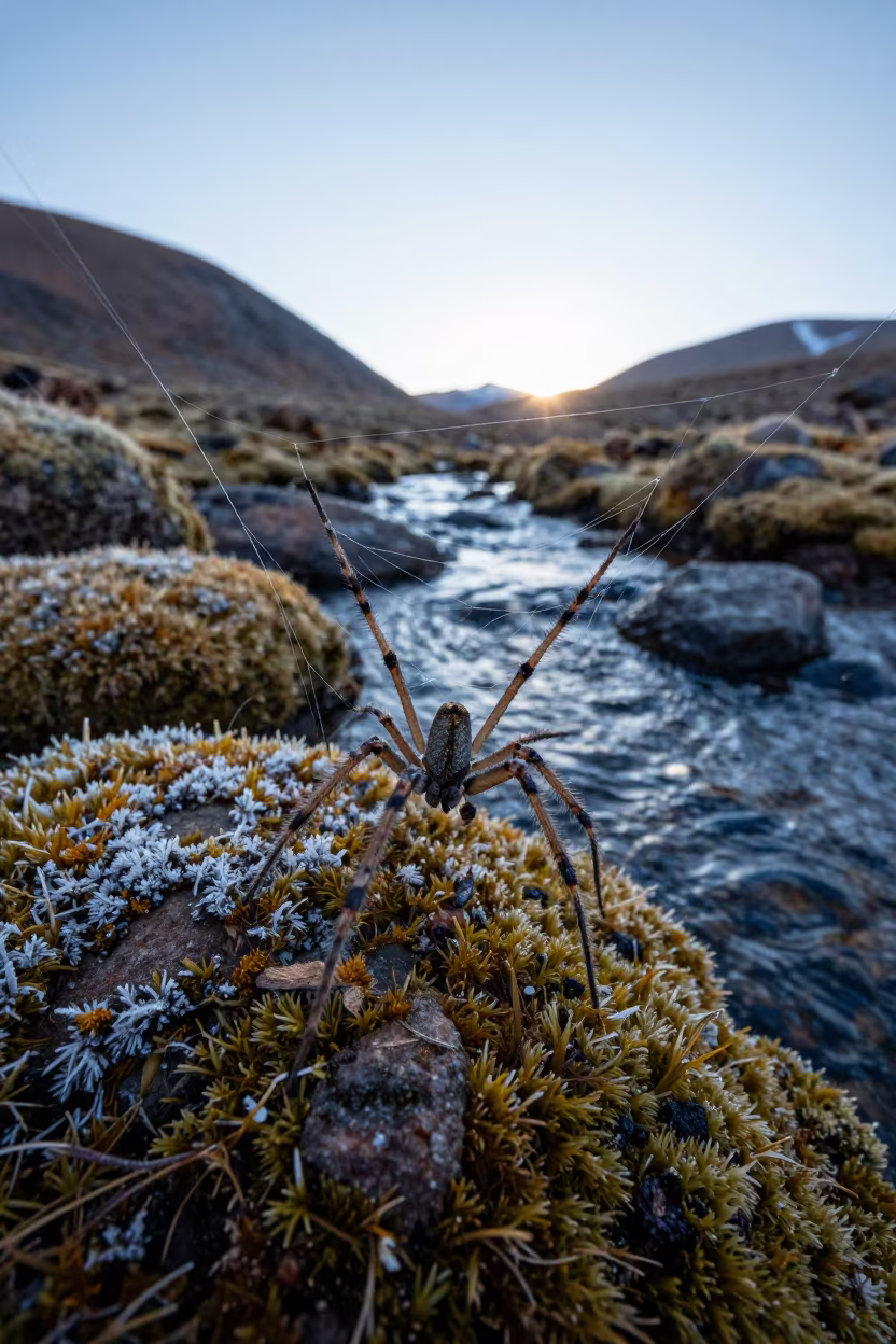 Spider Spinnerets Weaving Silk Over Glacial Stream in above a glacial stream in Bolivia