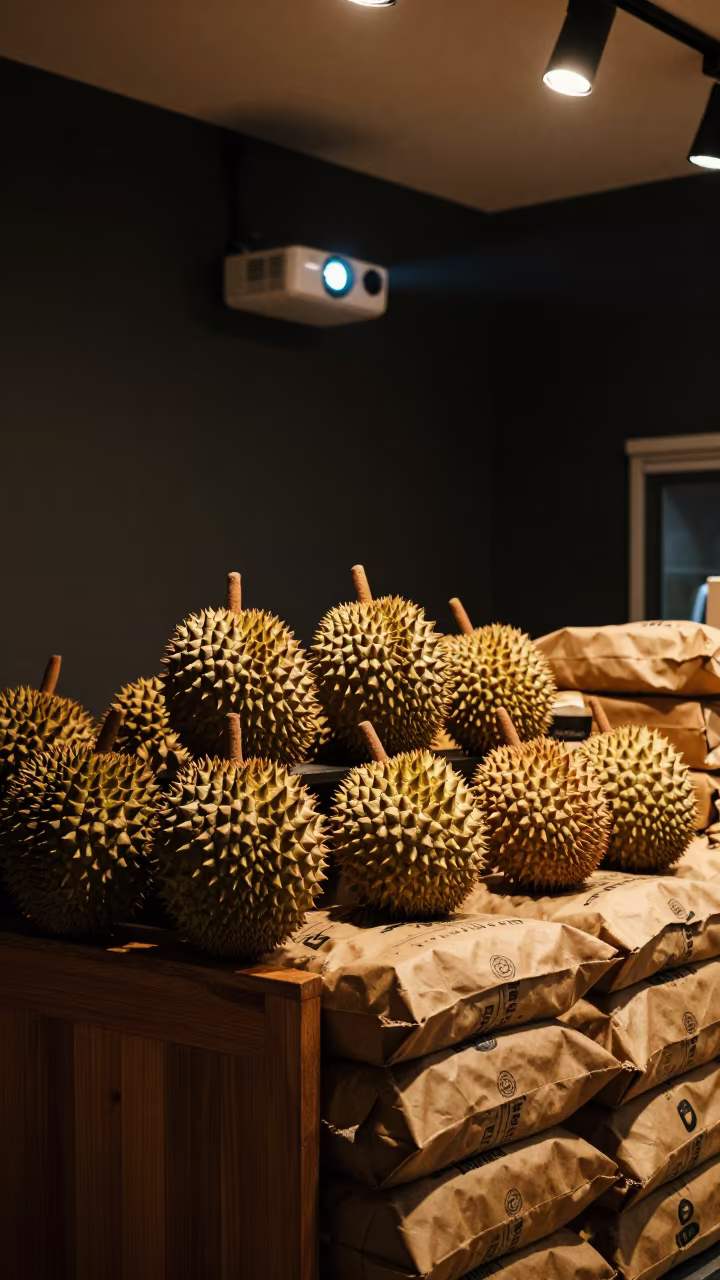 Spiky Durian Fruit on Counter in on a grocer's counter with stacked paper sacks in Dalian