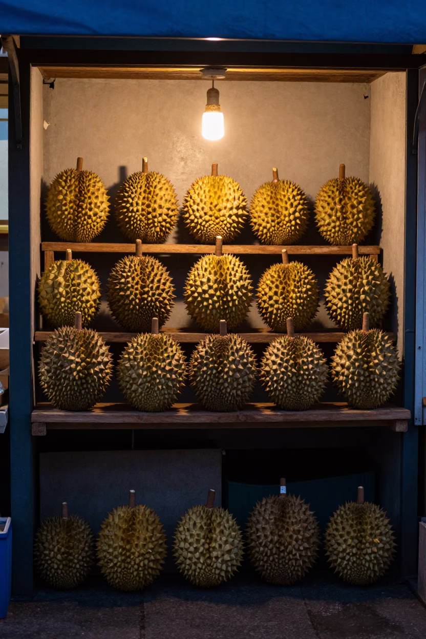 Spiky Durian Fruit on Market Shelf in on a wooden shelf inside a covered market in Pyongyang