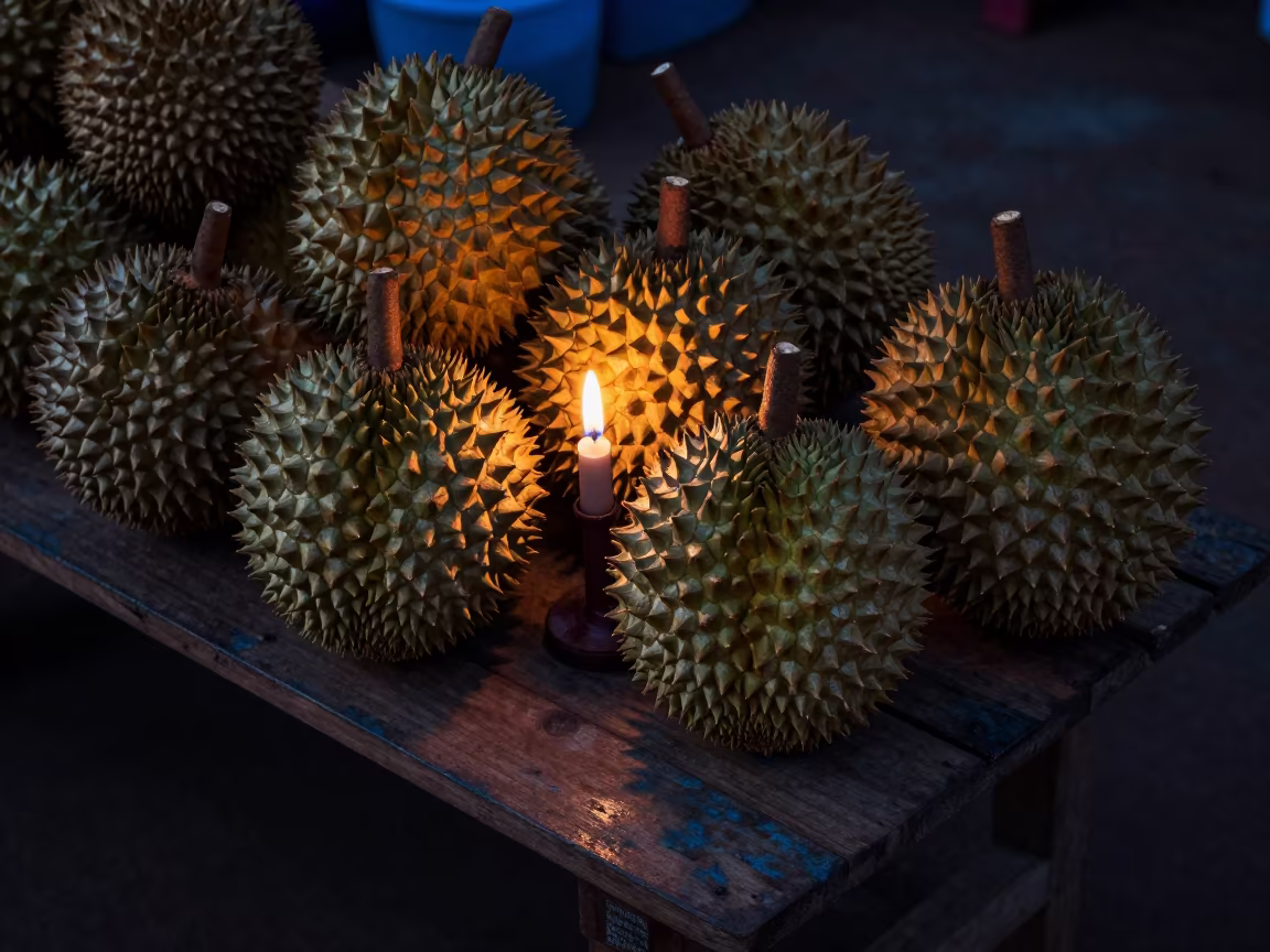 Spiky Durian Fruit on Market Table in Evening in on a painted produce display table in Mbuji-Mayi