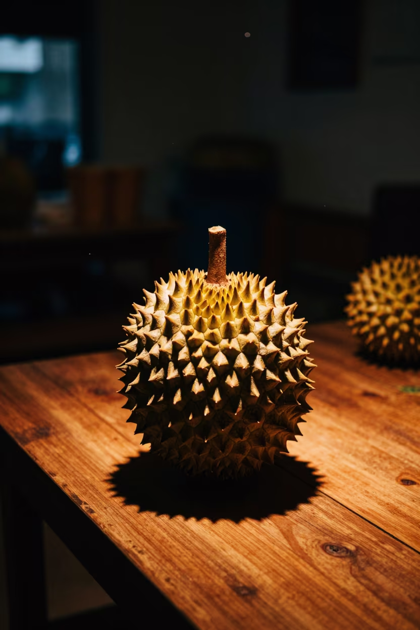 Spiky Durian Fruit On Painted Table In Oruro in on a painted produce display table in Oruro