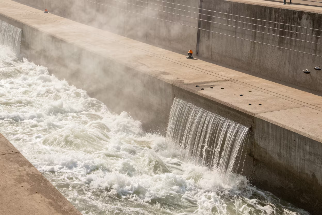 Spillway Apron Vibrating with White Water Below in along concrete walls above turbulent water near Leme