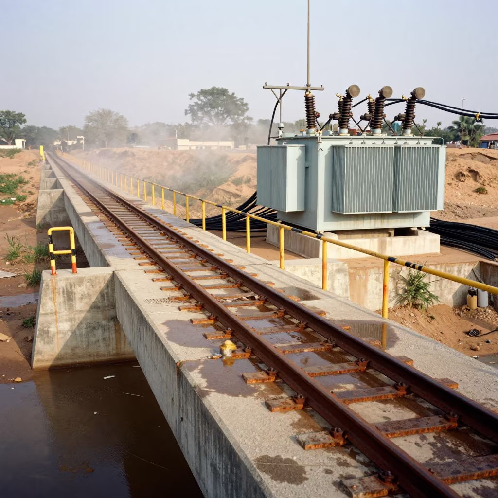 Spillway Bridge Warning Rails After Rain in along a bridge maintenance walkway near Labé
