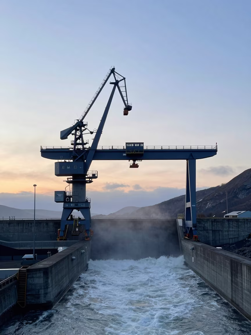 Spillway Crane Above Roaring Water at Dawn in along a dam spillway in Norway