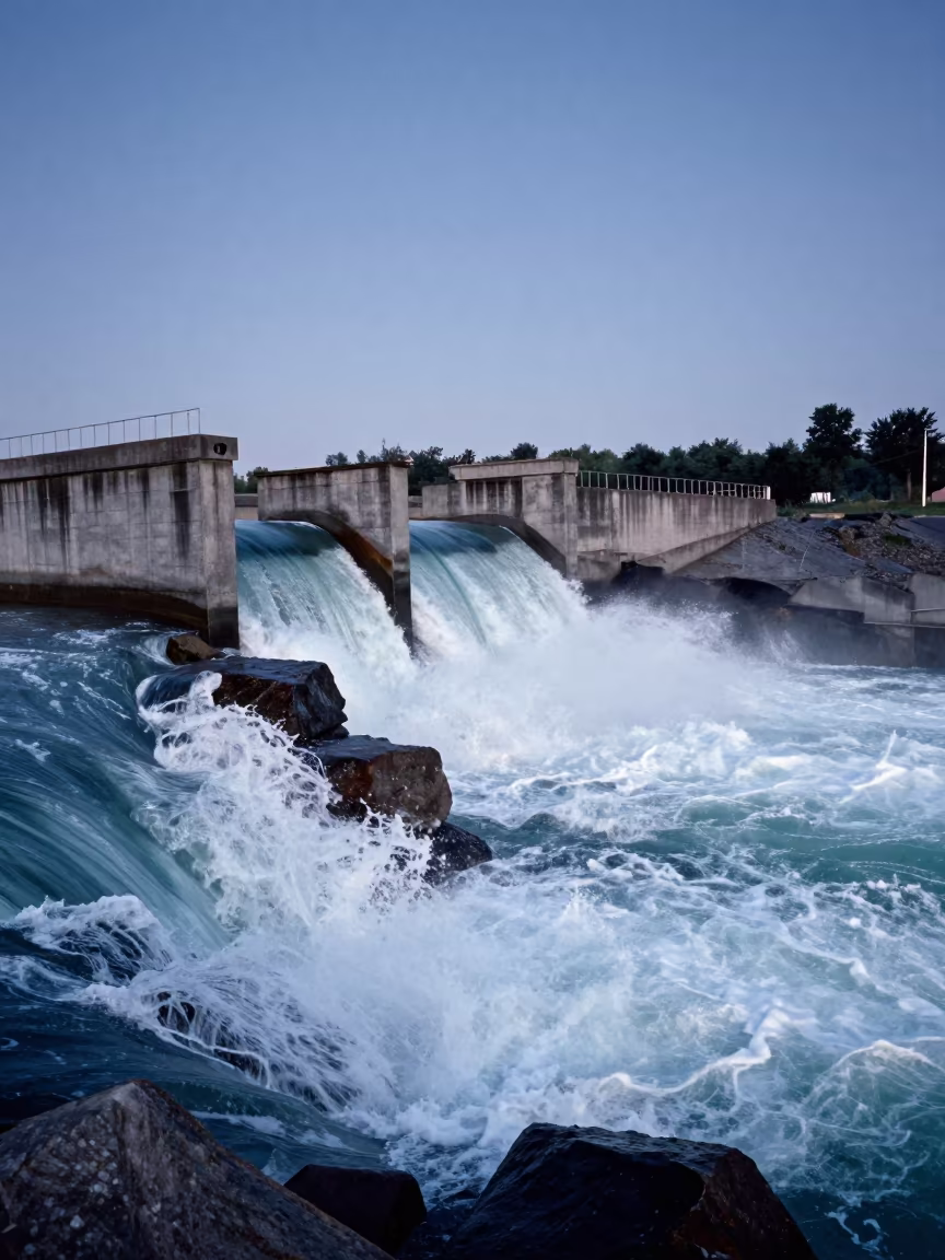 Spillway Toe Frothing Against Boulders Before Dawn in along concrete walls above turbulent water near Gorzów Wielkopolski
