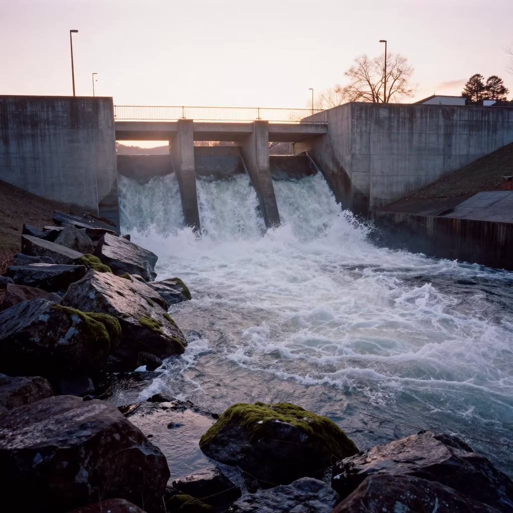Spillway Toe Frothing Against Boulders at Dusk in beside a hydroelectric intake in Medina