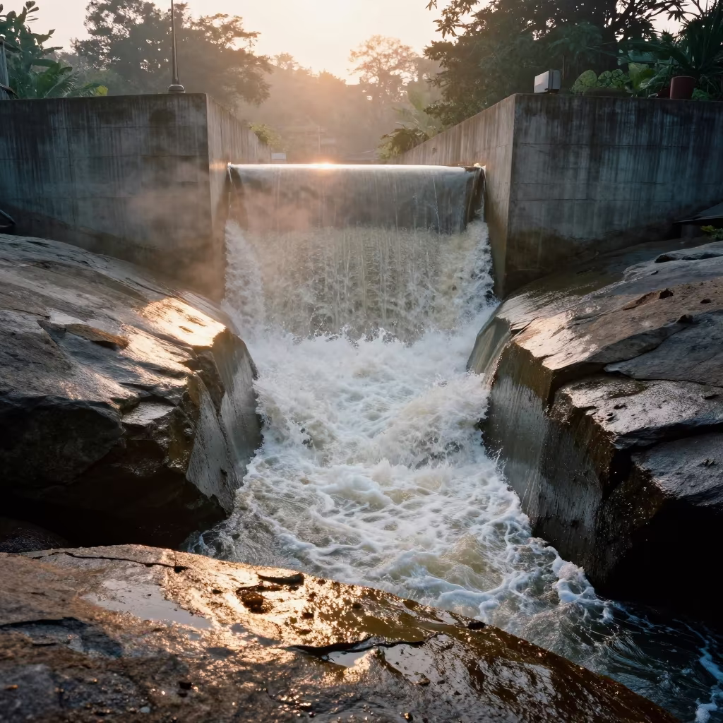 Spillway Toe Frothing Against Boulders at Sunrise in along a dam spillway near Jamalpur