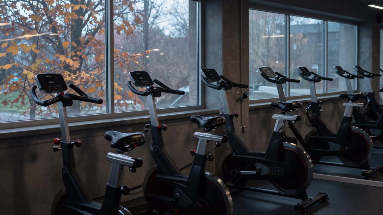 Spin Bike Rack Morning Edmonton in inside a spin studio under class lights near Edmonton