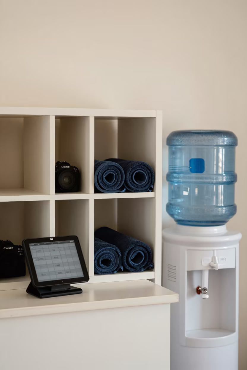 Spin Room Cleats and Towels at Banfora Gym in at a gym check-in desk in Banfora