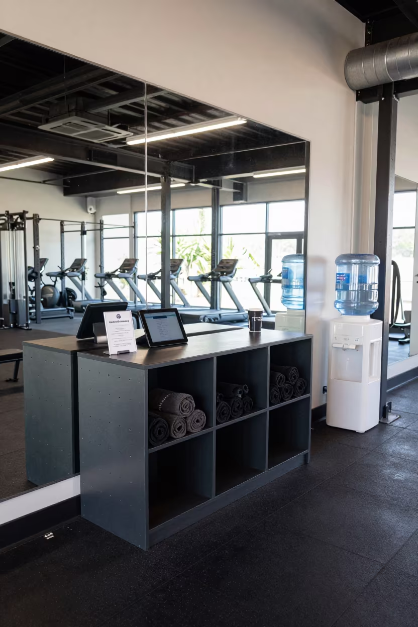 Spin Room Cubbies and Tablet at Aguascalientes Gym in at a gym check-in desk near Aguascalientes