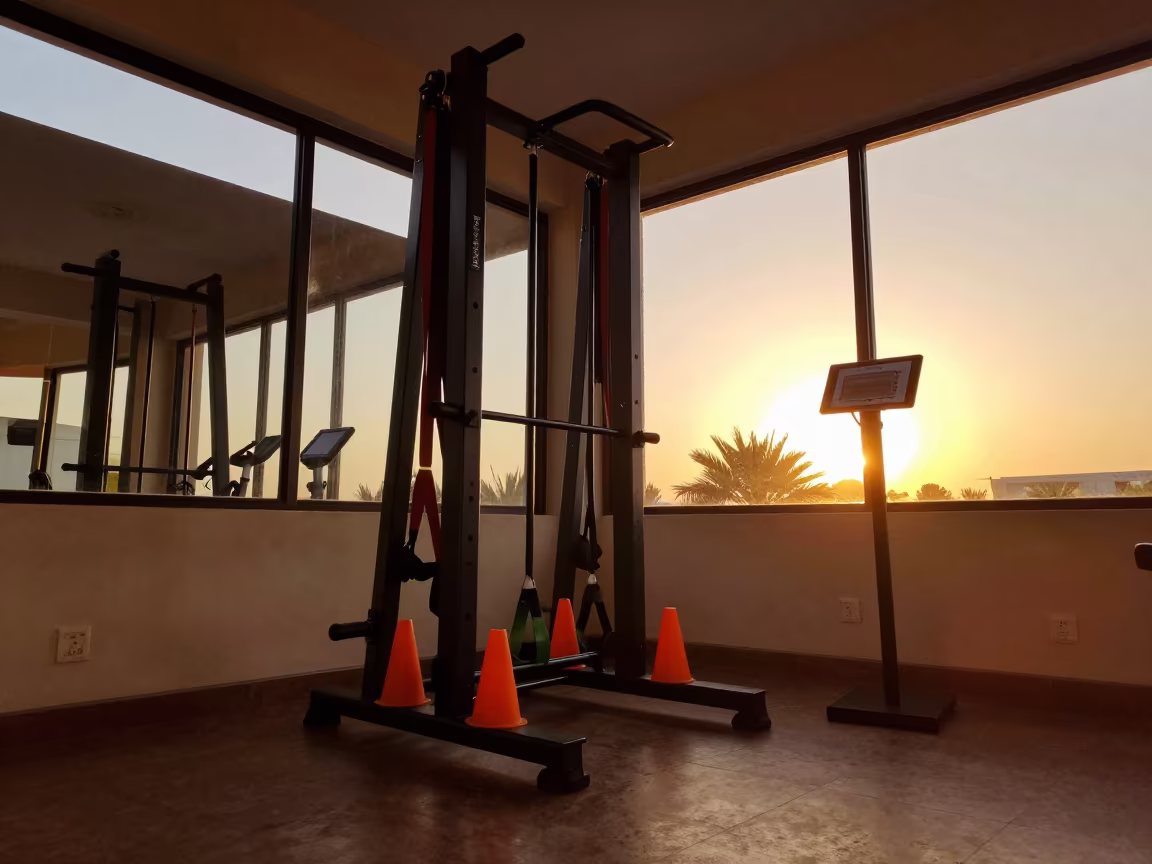 Spin Studio Assessment Rack in Amber Evening Light in inside a spin studio under class lights in Muscat