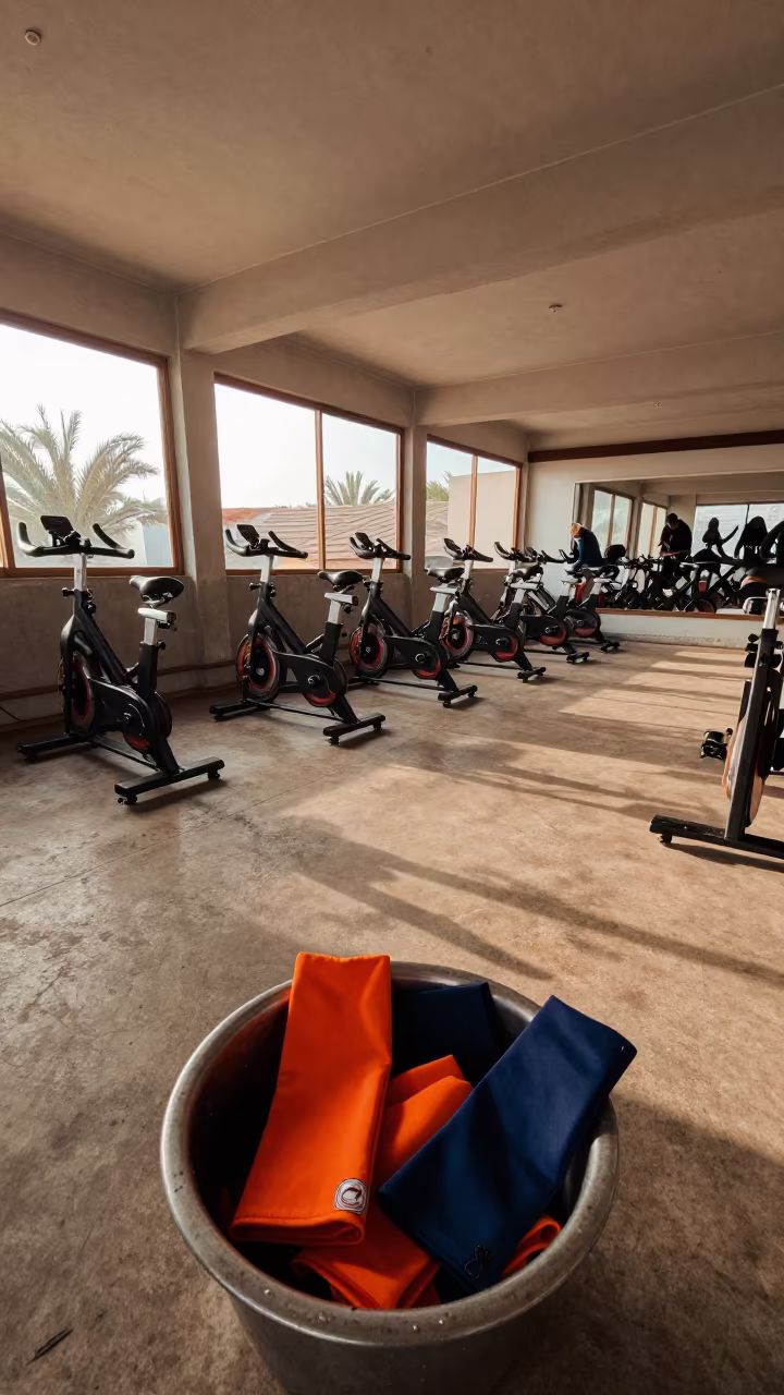 Spin Studio Compression Sleeve Bin in Late Afternoon Light in inside a spin studio under class lights near Oaxaca