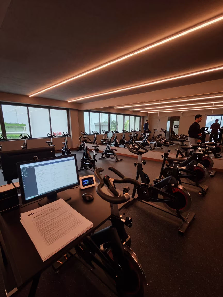 Spin Studio Desk Before Dusk Class in inside a spin studio under class lights in Mirpur Khas