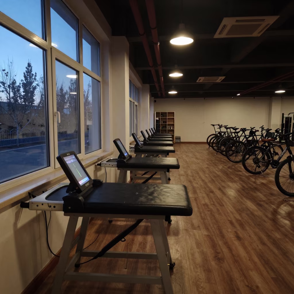 Spin Studio Desk at Indigo Twilight in inside a spin studio under class lights near Xining