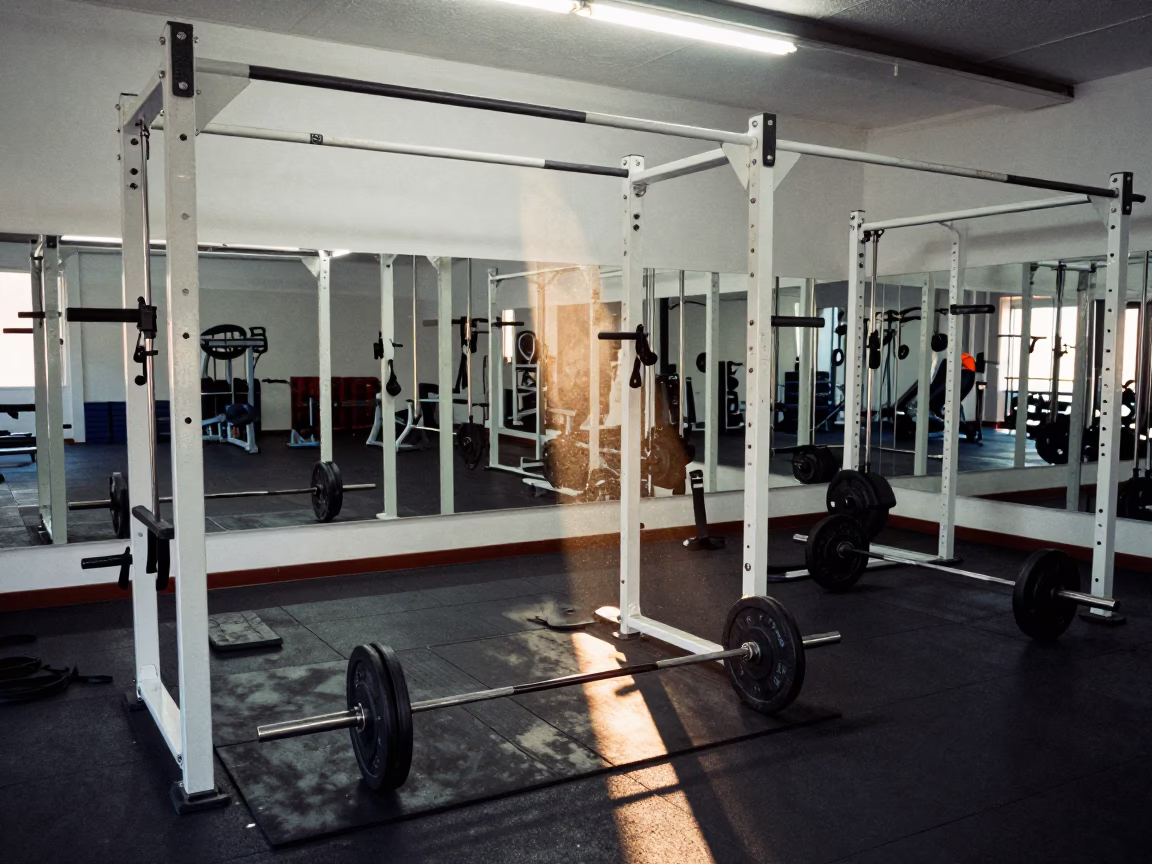 Spin Studio Harness Rail Cabinda Late Afternoon in inside a spin studio under class lights in Cabinda