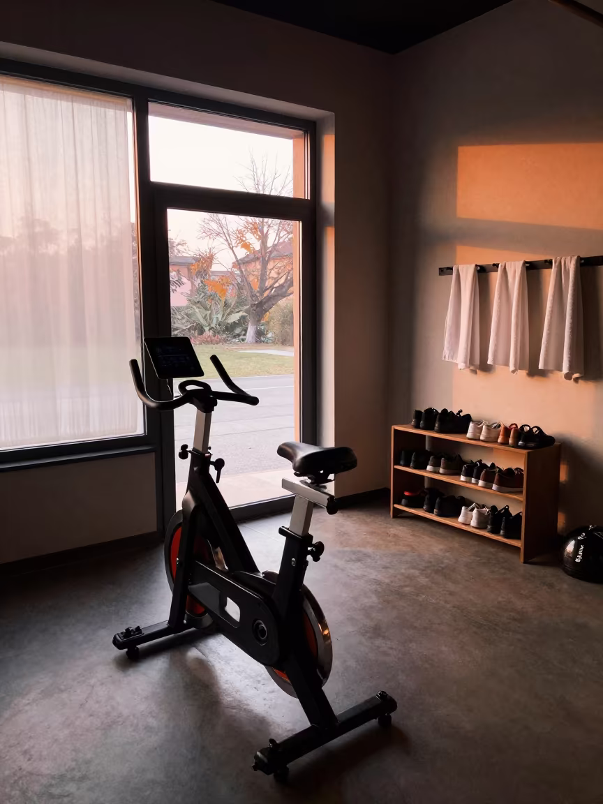 Spin Studio Instructor Bike Dawn Bologna in inside a spin studio under class lights in Bologna