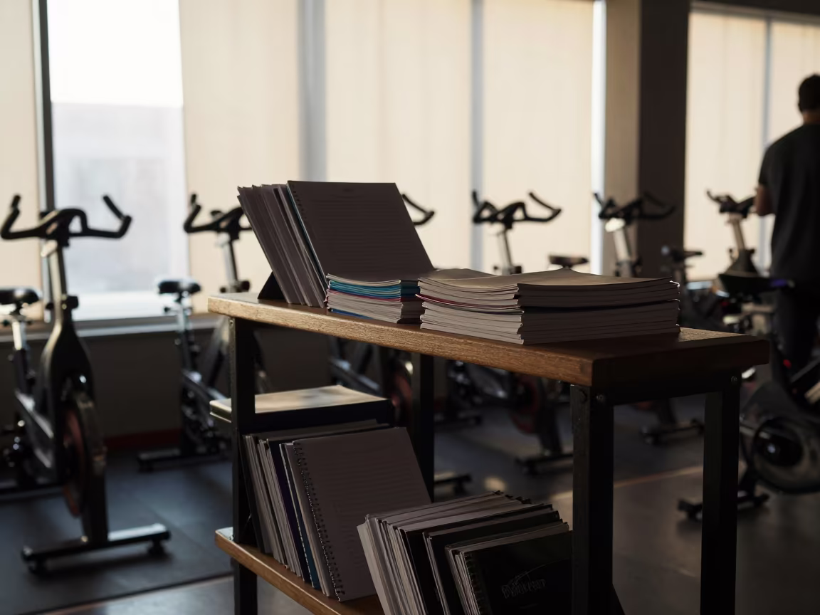 Spin Studio Journal Shelf Midmorning Light in inside a spin studio under class lights near Porto Amboim