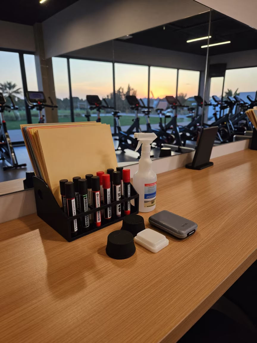 Spin Studio Marker Caddy Sunset Light in inside a spin studio under class lights in Jhang