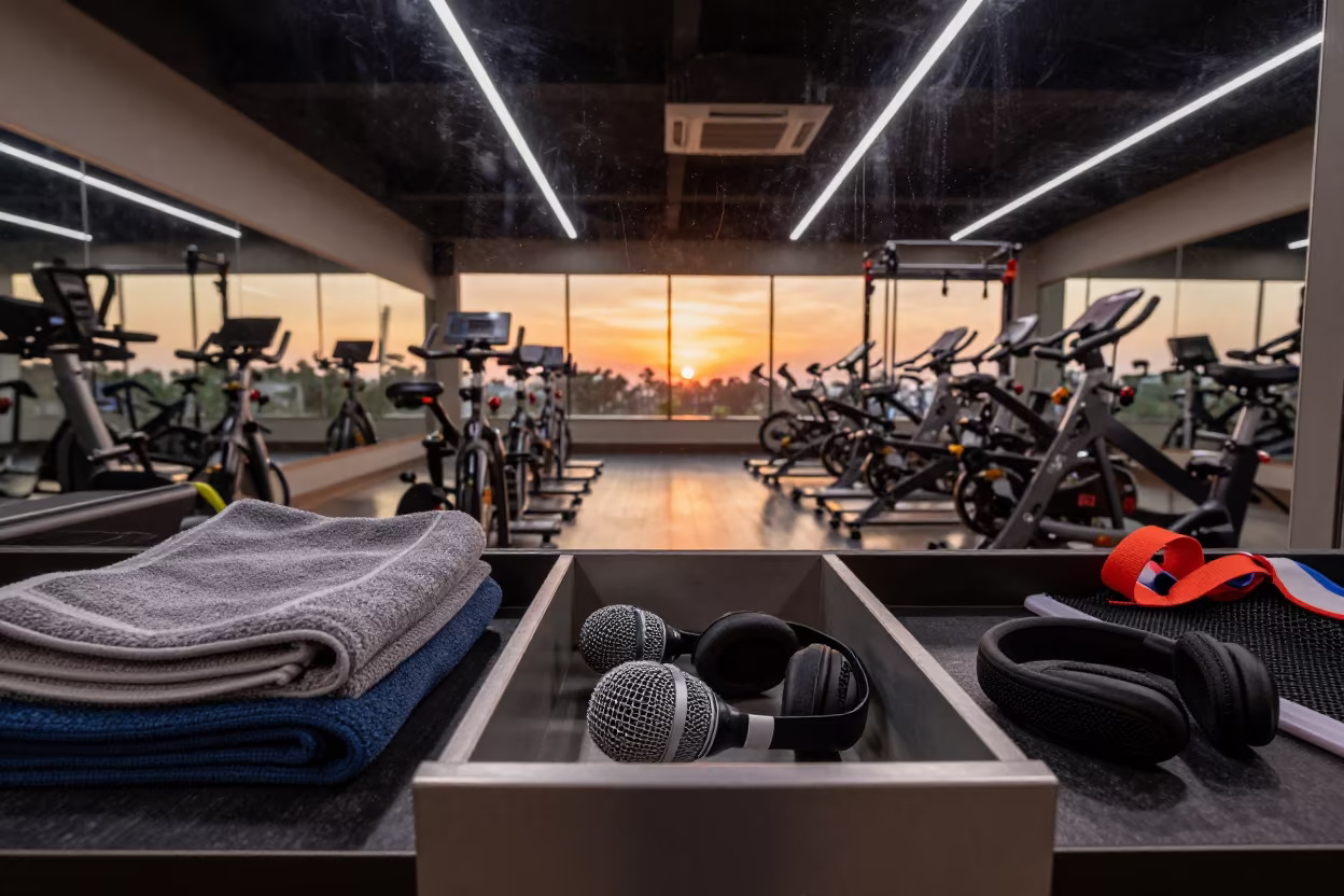 Spin Studio Mic Drawer With Towels and Condensation in inside a spin studio under class lights in Vellore