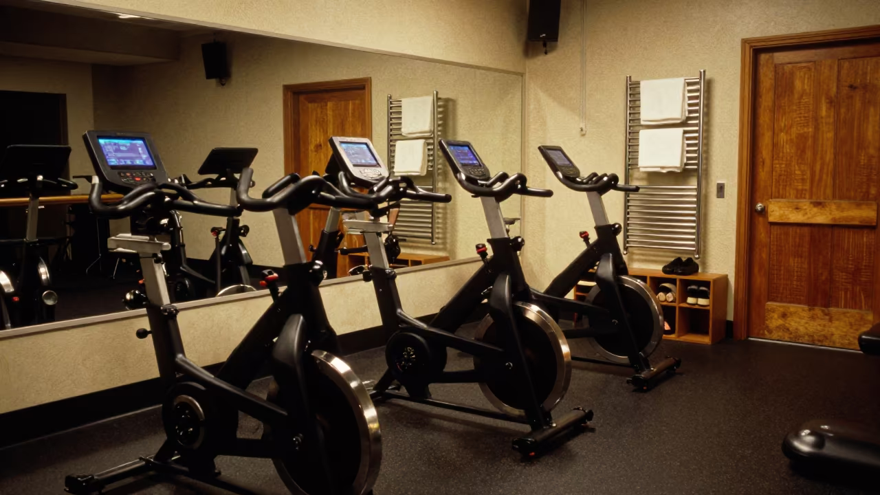 Spin Studio Night Lights and Towel Rails in along a row of machines in a bright gym in York