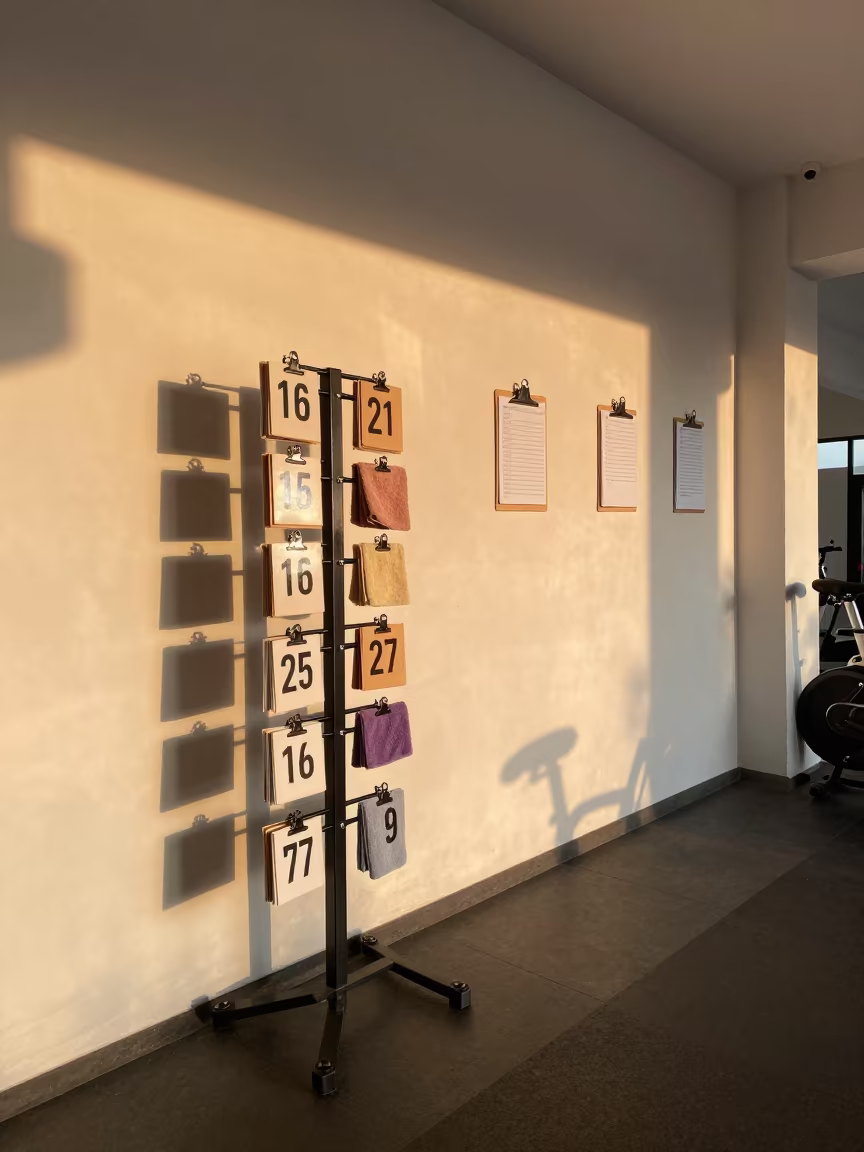 Spin Studio Placard Rack at Sunset in inside a spin studio under class lights near Denpasar
