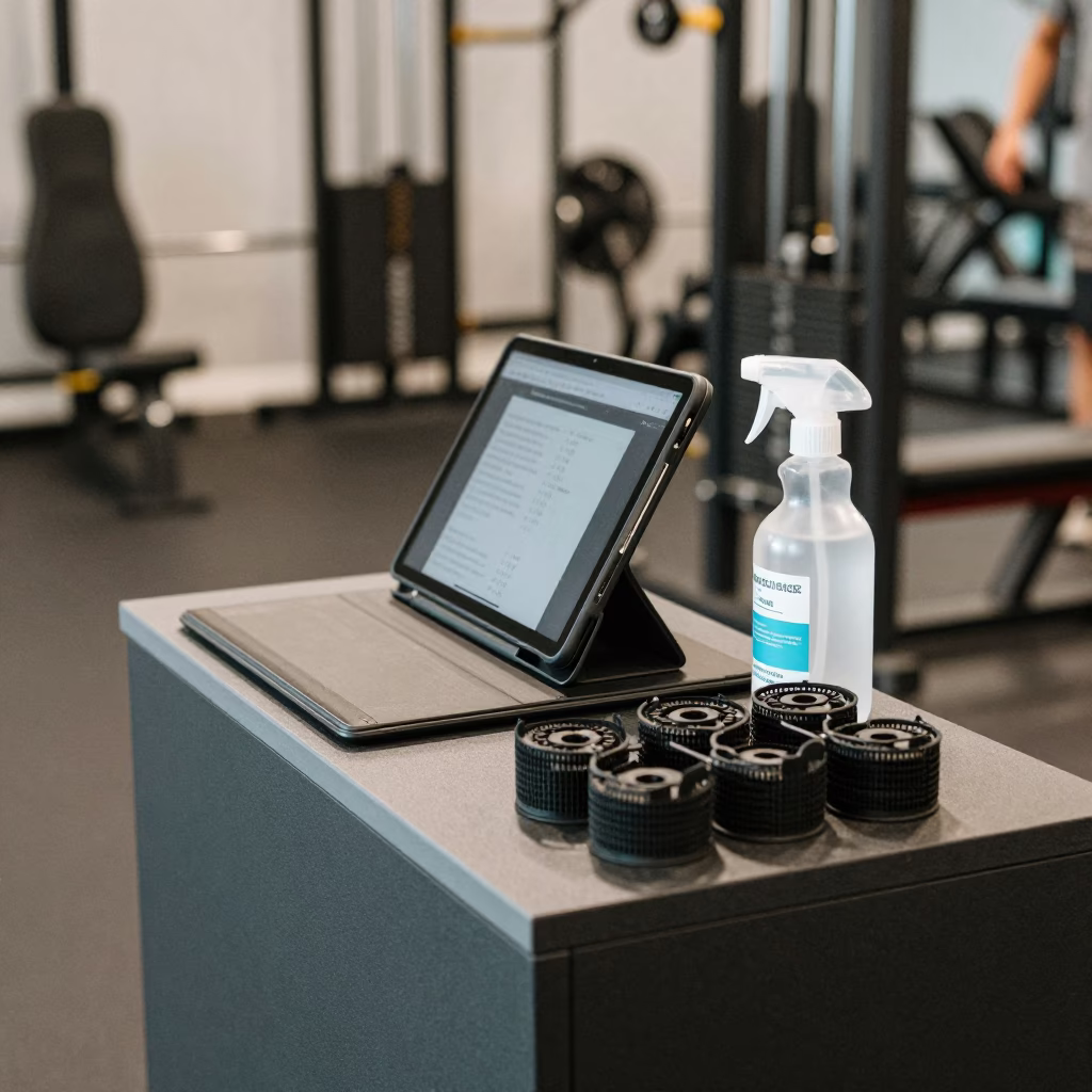 Spin Studio Podium with Tablets and Gear in inside a spin studio under class lights near Danané