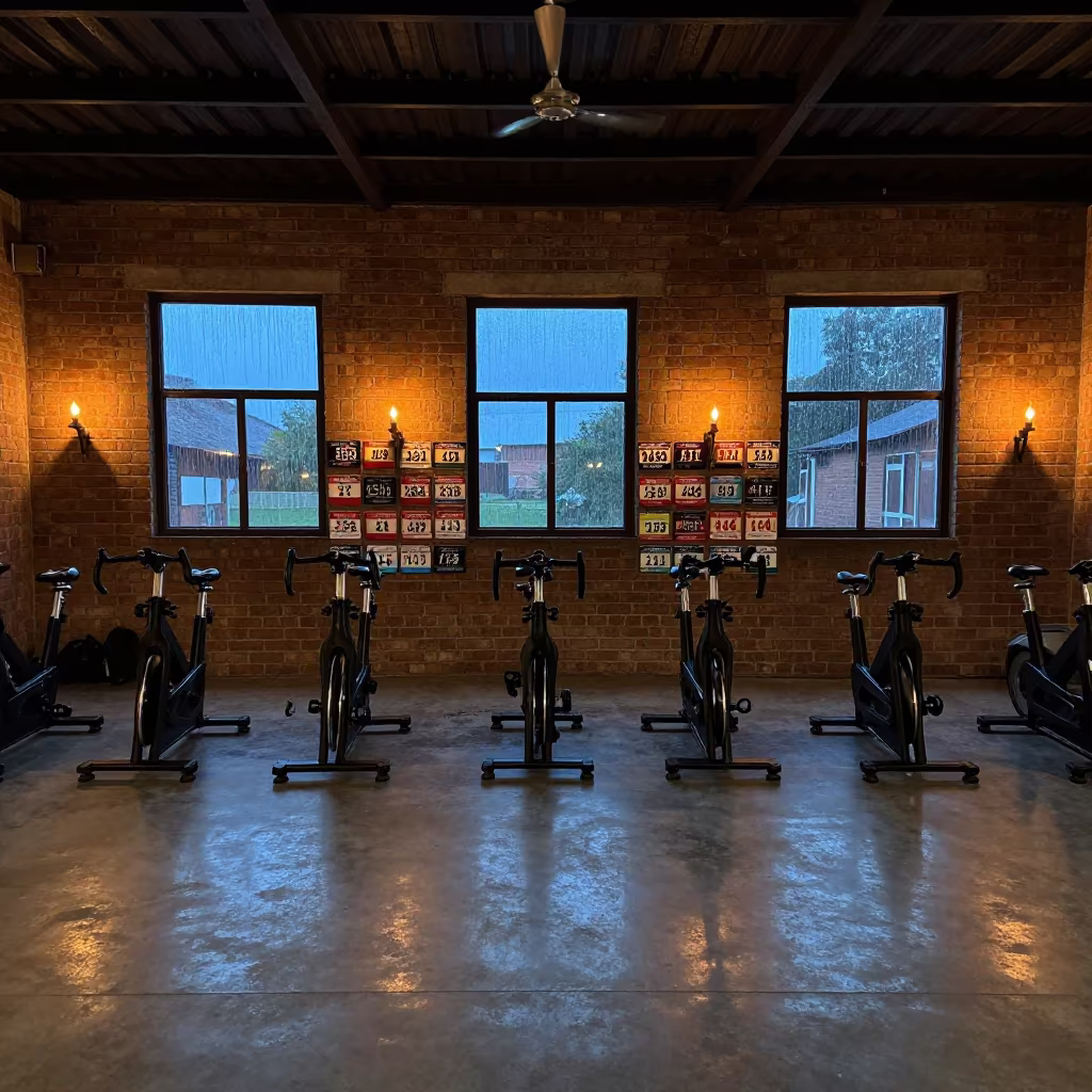 Spin Studio Race Bib Wall Evening Glow in inside a spin studio under class lights in Aba