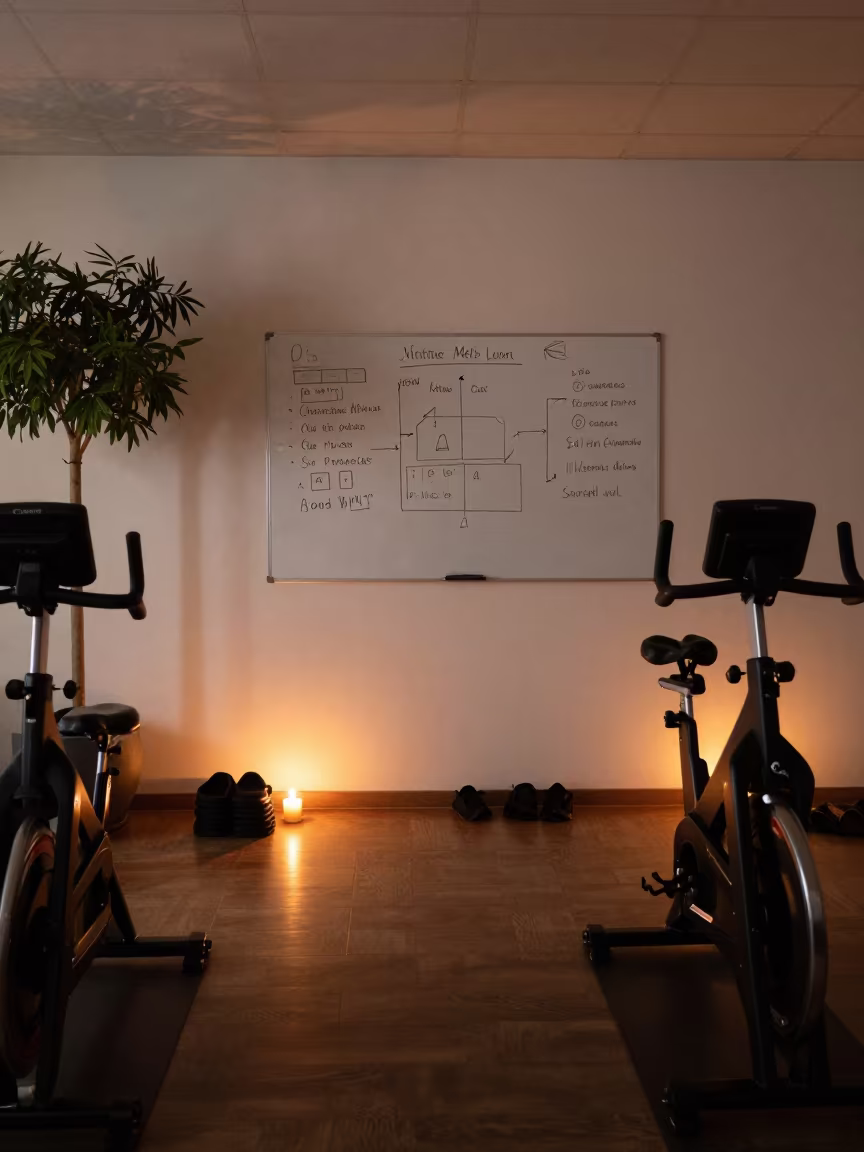 Spin Studio Reset With Whiteboard And Collars in inside a spin studio under class lights in Ait Melloul