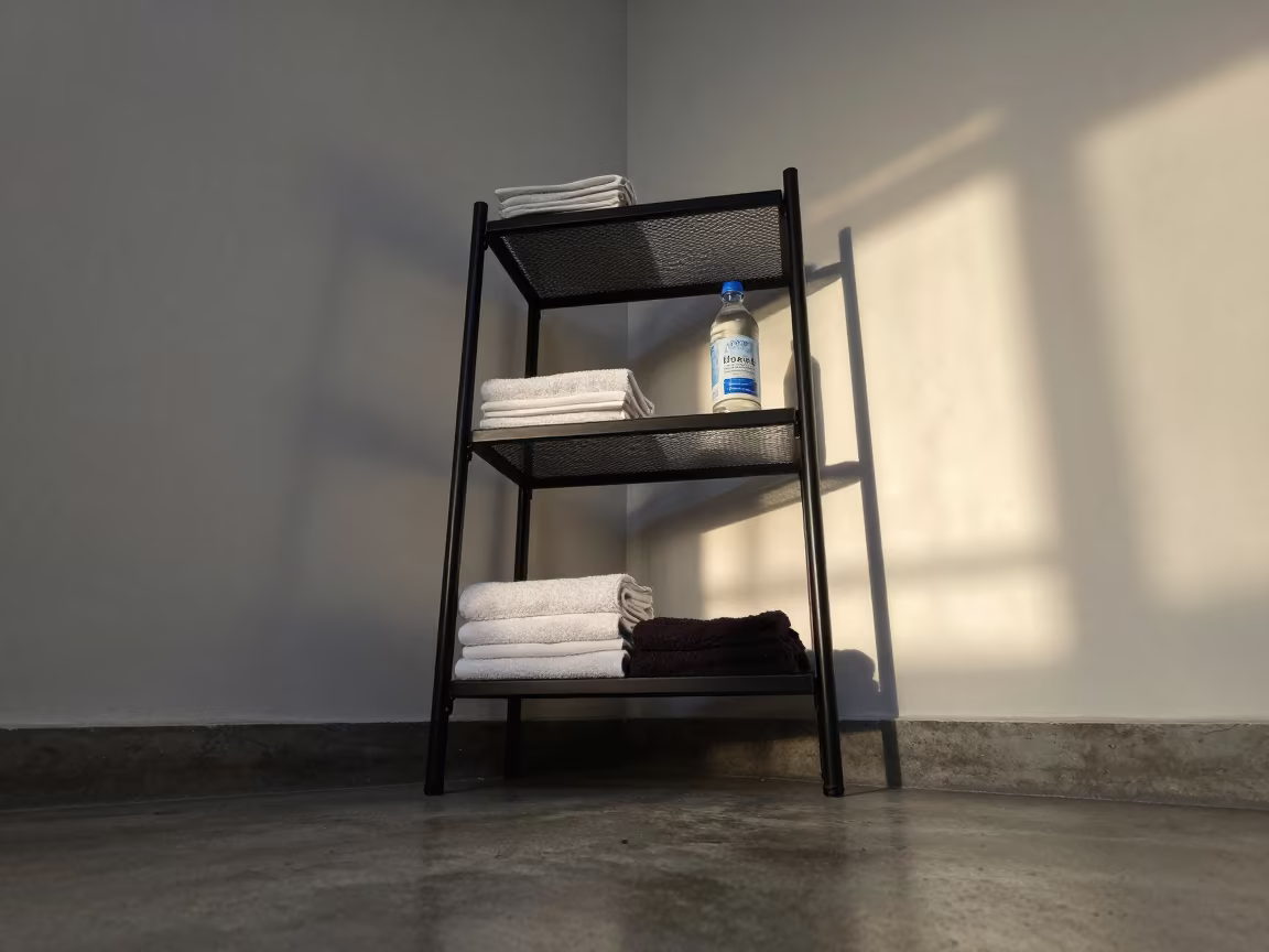 Spin Studio Shelf in Late Afternoon Light in inside a spin studio under class lights in Ibagué