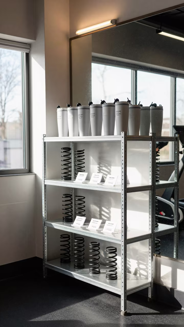 Spin Studio Shelf with Springs and Carafes in inside a spin studio under class lights in Port-de-Paix