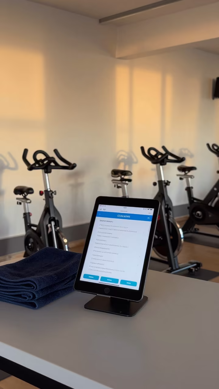 Spin Studio Tablet Stand at Noon Reset in inside a spin studio under class lights near Vellore