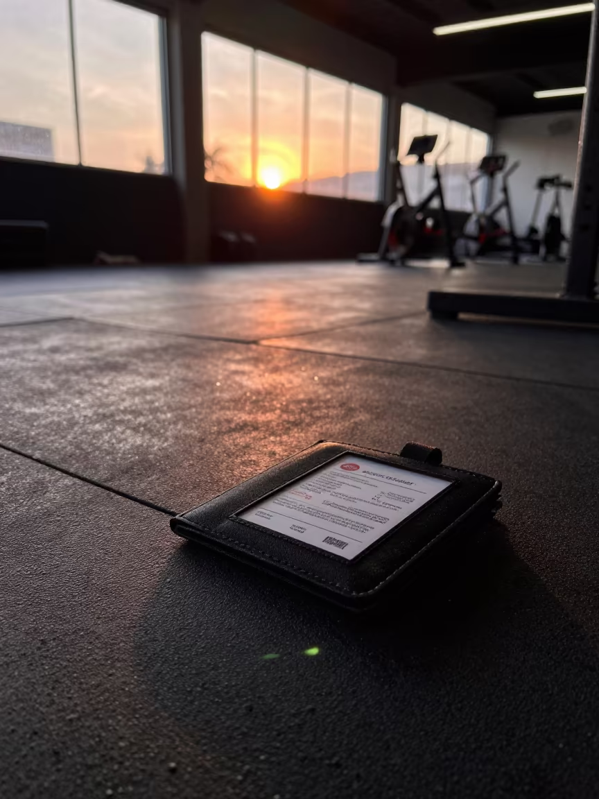 Spin Studio Tag Wallet in Salvador Sunset Light in inside a spin studio under class lights in Salvador