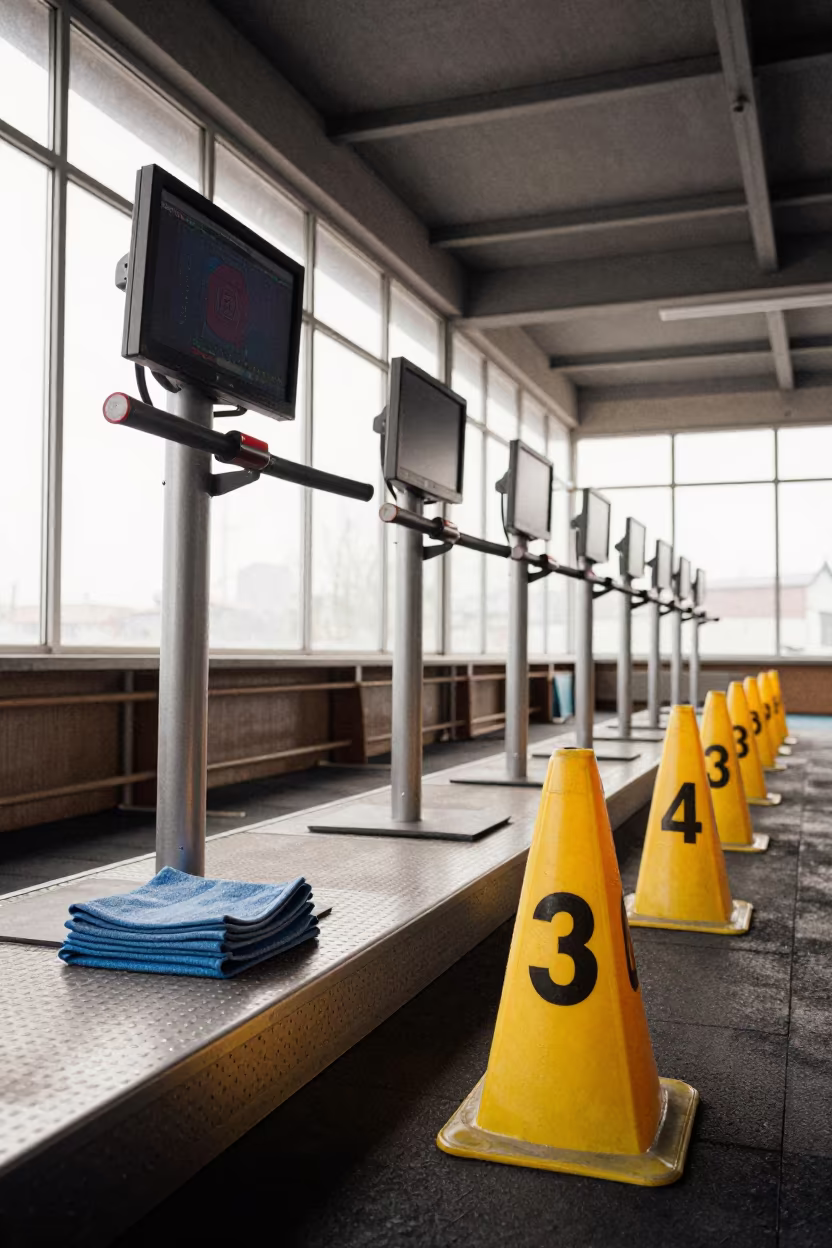 Spin Studio Timing Station with Cones and Towels in inside a spin studio under class lights near Aktobe