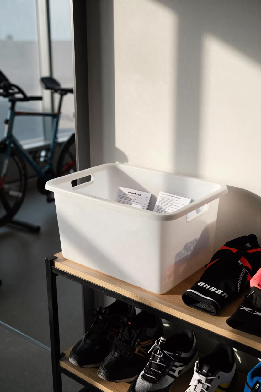 Spin Studio Waiver Bin Before Class in inside a spin studio under class lights in Shanghai