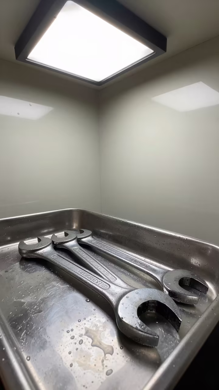 Spin Studio Wrench Tray With Condensation in inside a spin studio under class lights near Harar
