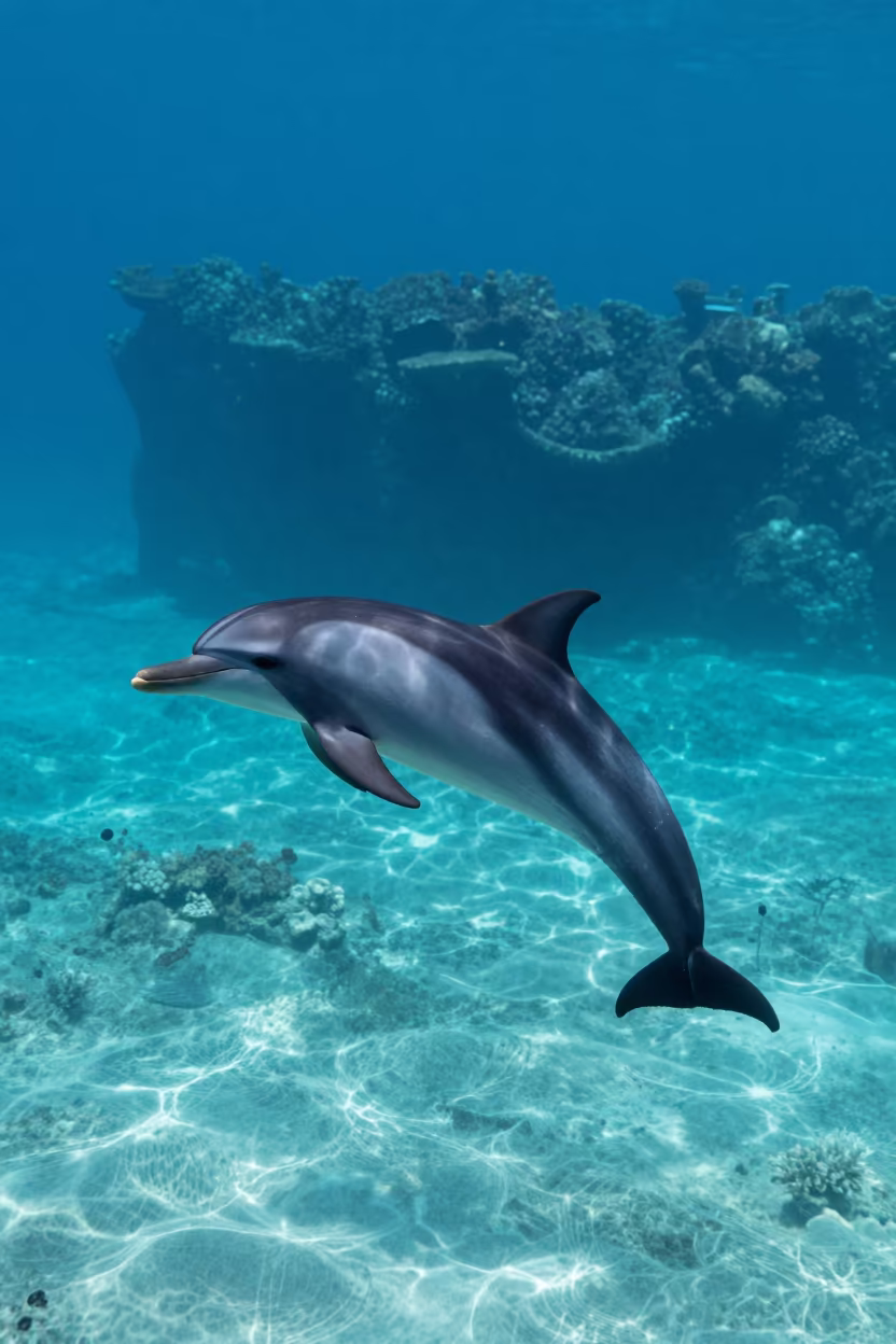 Spinner Dolphin Twisting Over Turquoise Zanzibar Reef in along a coral wall with blue water beyond near Zanzibar